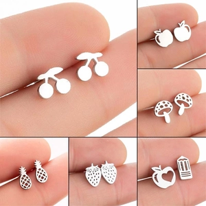 Stainless Steel Fruit Stud Earrings Cherry Apple Strawberry Pineapple Mushroom Shape Sweet Minimalist Jewelry For Women