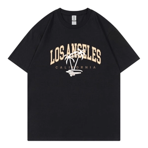Women's black cotton t-shirt with retro Los Angeles palm tree print and crew neck