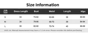 Detailed size chart for striped two-piece set showing dress length and bust measurements
