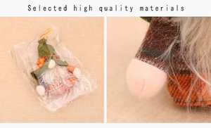 Detail of Christmas gnome plush featuring high quality plaid fabric and soft white beard texture