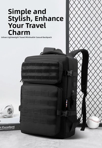 Detail view of black tactical backpack featuring Molle webbing and adjustable side buckles