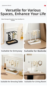 Four-grid view of a metal jewelry stand for necklaces and keys in various home settings