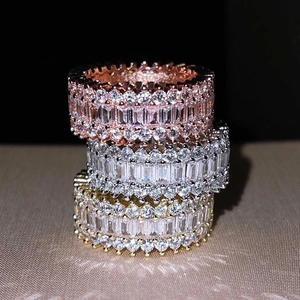Luxury Copper Zirconia Eternity Band Ring For Women Baguette Round Cut Mixed Inlaid Gold Rose Gold Silver Plated Jewelry Gift