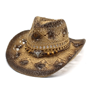 Straw western cowboy hat with gradient weave and vintage silver bull head ornament
