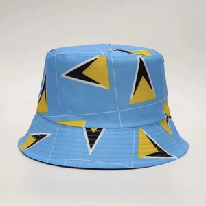 Detail of light blue bucket hat featuring Saint Lucia flag geometric triangular pattern