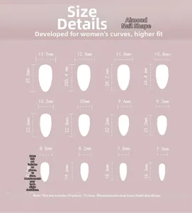 Size chart for almond-shaped purple press-on nails in 12 sizes and 24 pieces set