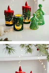 Close-up of festive LED candles and green glass angel lanterns with Christmas decorations