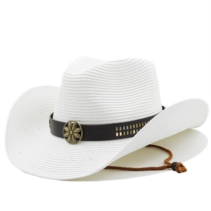 Cappello da cowboy in paglia bianca con fascia vintage e cordino antivento