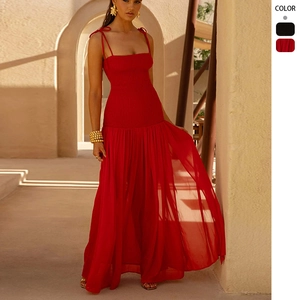 Abito Maxi Con Corpino Arricciato E Spalline Da Annodare Con Spacco Alto Elegante Tubino Lungo Senza Maniche Da Donna