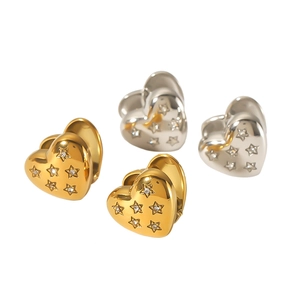 18K gold plated stainless steel heart earrings with zircon star pattern on white background