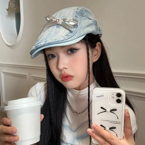Y2K vintage denim beret for women featuring silver bow and pink gemstone embellishments