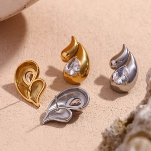 Gold Plated Stainless Steel Stud Earrings Double Teardrop Shape Cubic Zirconia Niche Design Minimalist Jewelry For Women