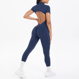 Detailed back view of navy blue open-back yoga jumpsuit with scrunch butt lifting effect