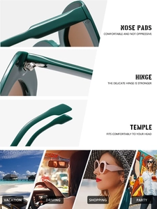 Detail of nose pads, hinge and temple of chic dark green sunglasses for multi-scenario use