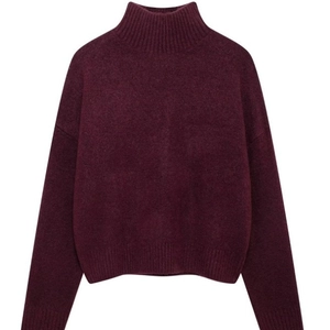 Women's burgundy turtleneck knit sweater with long sleeves in a stylish solid color style