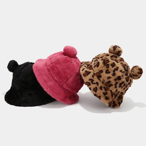 Plush winter bucket hats with bear ears in black, rose red, and leopard print colors
