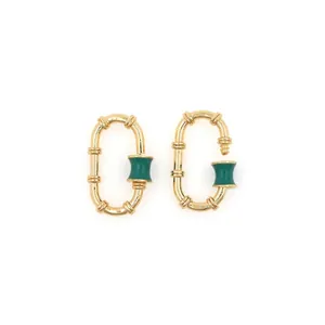 18K gold-plated oval carabiner screw clasp with green enamel for DIY jewelry making