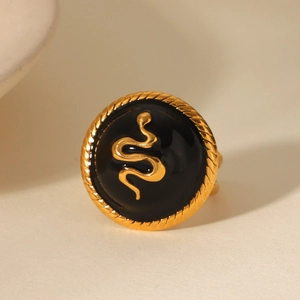 Macro d'un motif de serpent doré sur émail noir avec une bordure en corde dorée