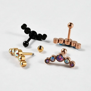 Curved stainless steel cartilage earrings with five round opals and screw ball backs