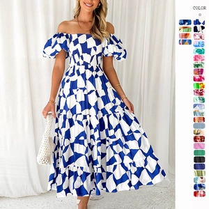 Vestito Lungo Con Stampa Floreale Spalle Scoperte Punto Smock Maniche A Sbuffo Bohemien Vacanza Poliestere