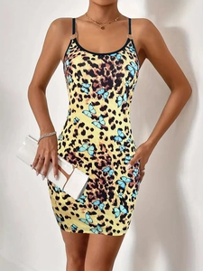 Sexy bodycon leopard and butterfly print mini dress with spaghetti straps and scoop neck