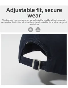Close-up of adjustable metal buckle and twill cotton texture on navy baseball cap