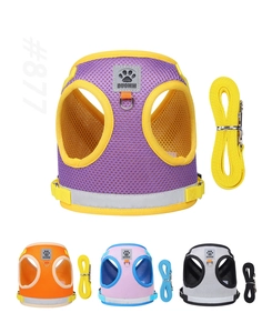 Detail of breathable mesh dog harness with reflective safety strips in four color options
