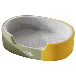 Thickened oval faux leather dog bed in green and yellow with soft grey fleece lining