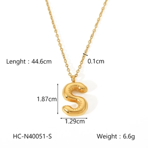 Detailed dimensions of gold chunky bubble letter S necklace in stainless steel