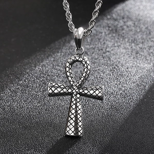 Vintage silver Ankh cross pendant with snake scale pattern on a twisted rope chain