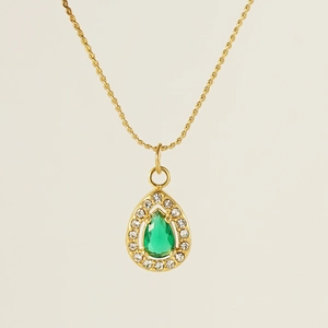 Elegant gold titanium steel necklace with green teardrop zircon pendant and crystals