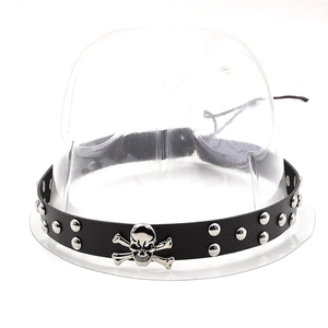 Detail view of black punk leather hat band with silver skull emblem and metal rivets
