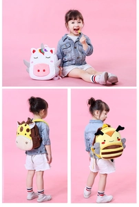 Detailed views of plush animal backpacks featuring unicorn, giraffe and honey bee designs