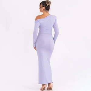 Detail showing the elegant back view of a lavender off-shoulder dress with glitter fabric