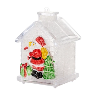 Light-up Christmas house ornament with Santa and tree motifs on white background