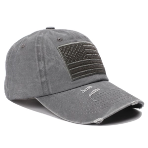 Close-up of distressed charcoal gray cotton baseball cap with American flag patch