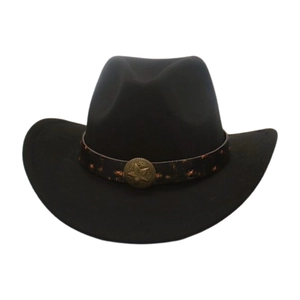 Detail of vintage black wool fedora with distressed leather belt and star metal emblem