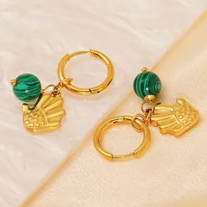 18k gold plated titanium steel hoop earrings with malachite green stone palm charms