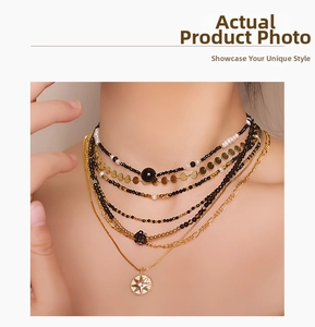 Close-up of layered necklace set featuring black beads and sparkling star pendant