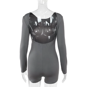 Detailed back view of grey backless long sleeve bodysuit jumpsuit in tight elastic fabric