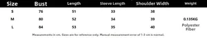 Detailed size chart for women knit cardigan with chest and length metrics in cm