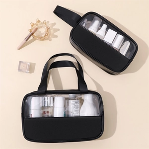 Transparent waterproof PVC and PU makeup bag set with top handle in black finish