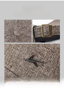 Détail d'une casquette de baseball en tweed avec boucle en bronze réglable et logo en métal