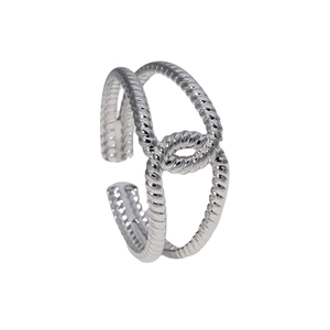 Bague ouverte minimaliste en acier inoxydable argenté avec texture de corde double