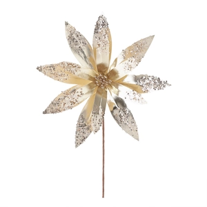 Golden Christmas flower decoration with glitter petals and stem for holiday tree ornaments