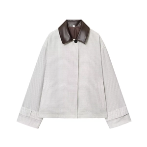 Veste Courte À Carreaux Pour Femmes Avec Col En Cuir Synthétique Patchwork Manches Longues Zippée Coupe-Vent