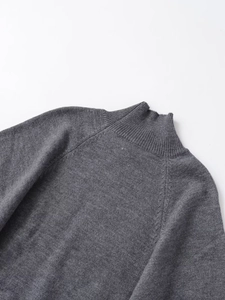 Detail of dark grey mock neck knit sweater featuring raglan sleeves and ribbed collar texture