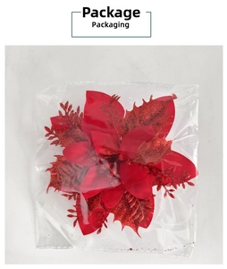 Detail of a red glitter Christmas flower ornament packed in a transparent poly bag