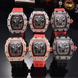 Luxury tonneau watch collection featuring diamond bezel and skeleton dial with rubber strap