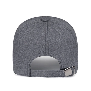 Rear view of dark grey baseball cap with adjustable metal buckle on woven fabric